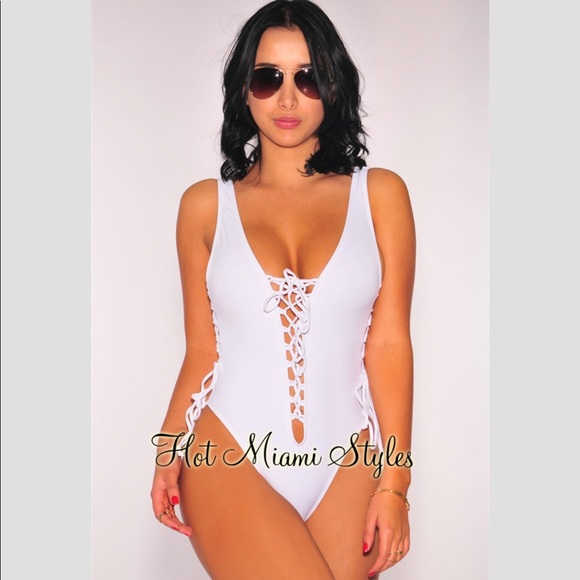White Lace Up High Cut Swimsuit - Picture 3 of 3